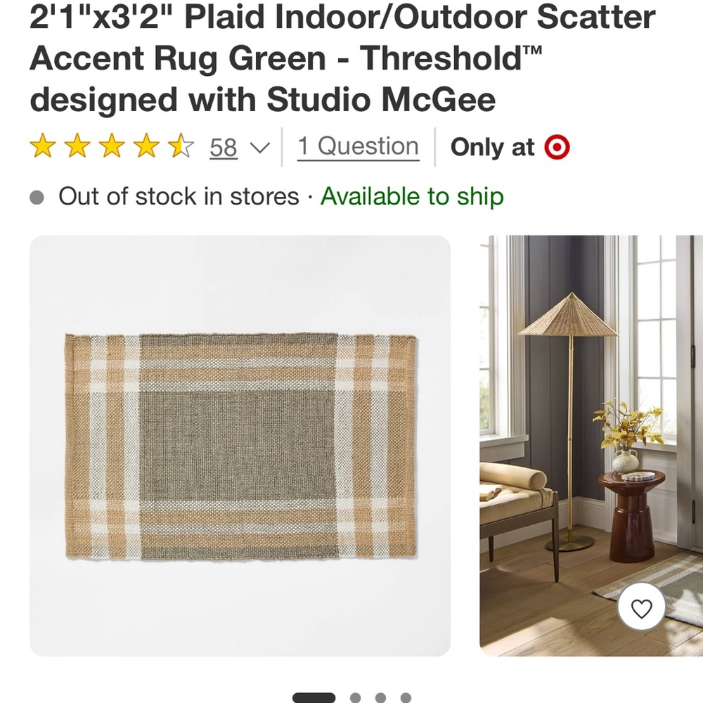 Studio McGee for Target Plaid Indoor/Outdoor Accent Rug NWOT